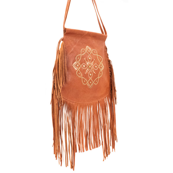 Calleen Cordero Kaia Medium Fringe Messenger Sedona Leather W/ Copper & Brass Art