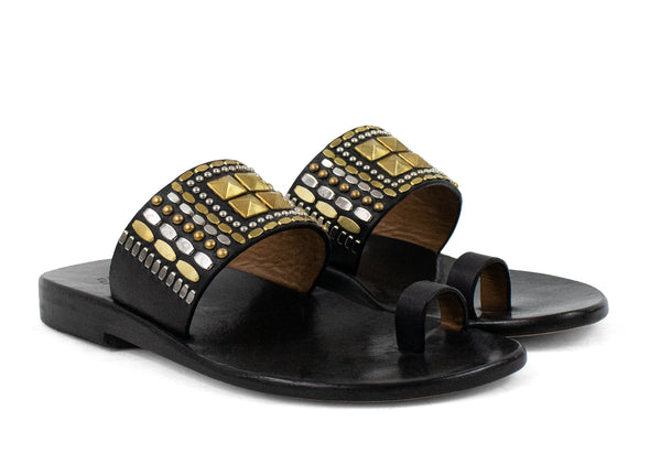 Calleen Cordero Kenji Sandal Black Belmont W/ Brass & Nickel Art
