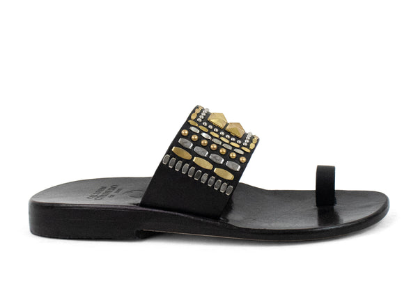 Calleen Cordero Kenji Sandal Black Belmont W/ Brass & Nickel Art