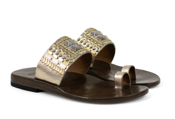 Calleen Cordero Kenji Sandal Dusty Gold W/ Brass & Nickel Art