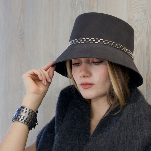 Calleen Cordero Lexus Bucket Hat Black Wool W/ Nickel Art