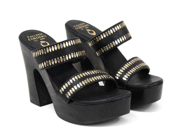 Calleen Cordero Lunadella Heel Black Belmont W/ Nickel & Brass Art