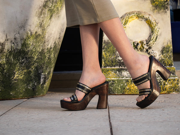 Calleen Cordero Lunadella Heel Black Belmont W/ Nickel & Brass Art