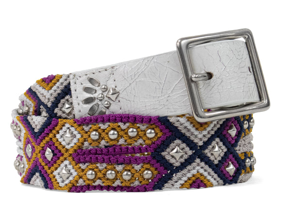 Calleen Cordero Lux Woven 1.25" Belt White Pearl Cracked W/ Brass Art