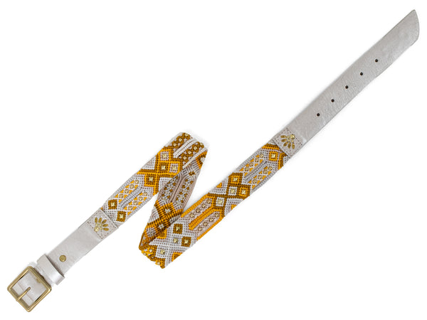 Calleen Cordero Lux Woven 1.25" Belt White Pearl Cracked W/ Brass Art