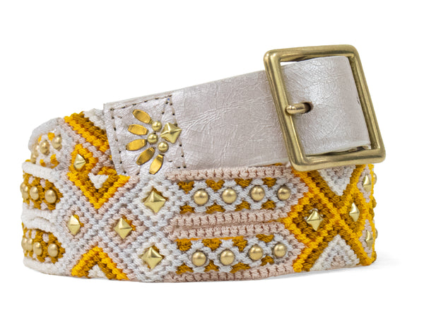 calleen cordero Lux Woven 1.25" Belt White Pearl Cracked w/ Brass Art