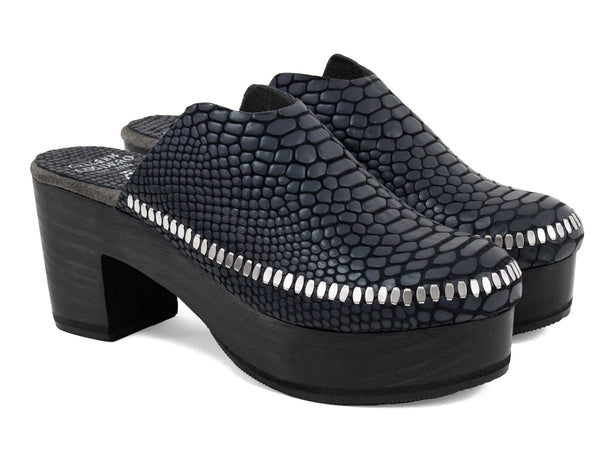 Calleen Cordero Macci Clog Black Matte Snake W/ Nickel Art