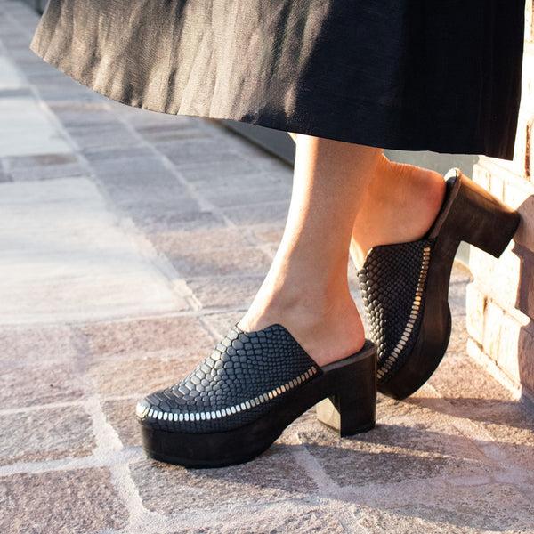 Calleen Cordero Macci Clog Black Matte Snake W/ Nickel Art