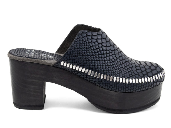 Calleen Cordero Macci Clog Black Matte Snake W/ Nickel Art