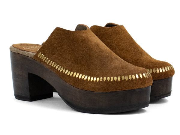 Calleen Cordero Macci Clog Cognac Suede W/ Brass Art