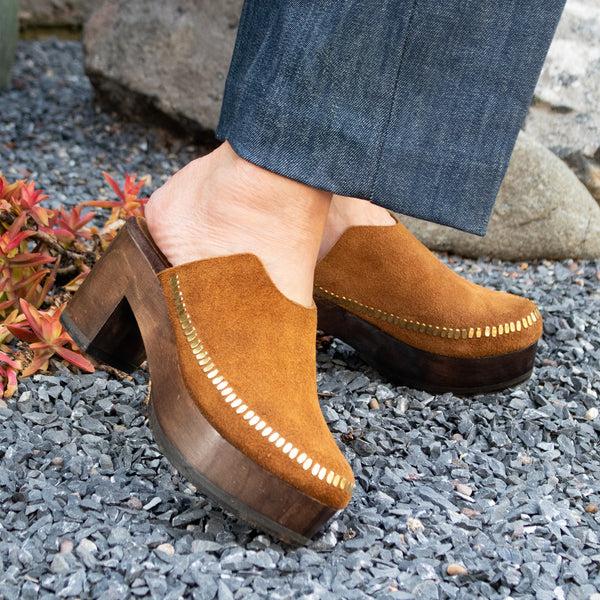 Calleen Cordero Macci Clog Cognac Suede W/ Brass Art