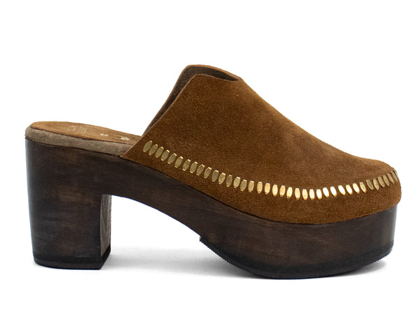 Calleen Cordero Macci Clog Cognac Suede W/ Brass Art