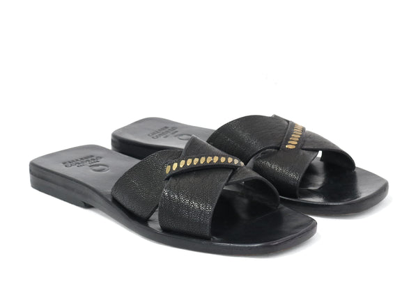 Calleen Cordero Maya Sandal Black Leather W/ Brass Art