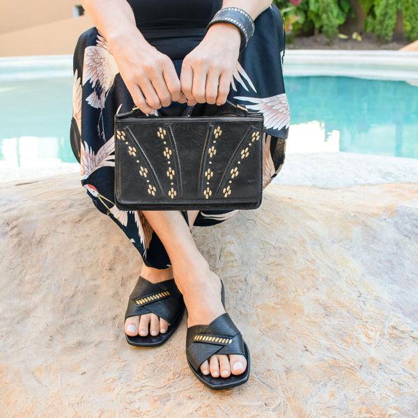 Calleen Cordero Maya Sandal Black Leather W/ Brass Art