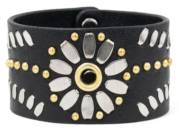 Calleen Cordero Mexico 1.5" Bracelet Black Leather W/ Nickel & Brass Art