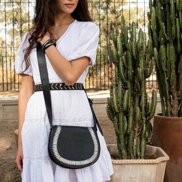 Calleen Cordero Mini Cleo Messenger Black Leather W/ Nickel Art