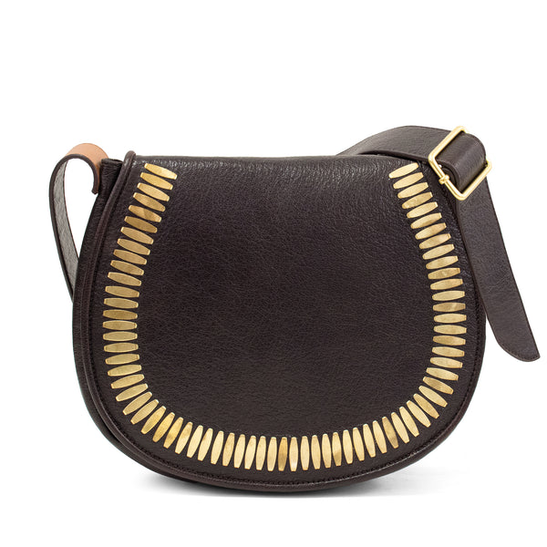 Calleen Cordero Mini Cleo Messenger Black Leather W/ Nickel Art