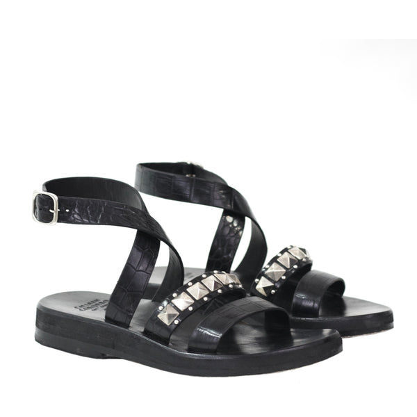 Calleen Cordero Ozzy Wedge Sandal Black Embossed Croc W/ Nickel Art