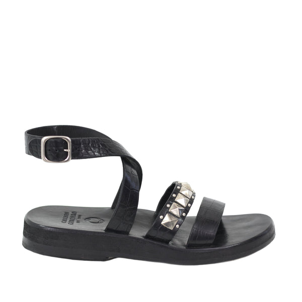 Calleen Cordero Ozzy Wedge Sandal Black Embossed Croc W/ Nickel Art