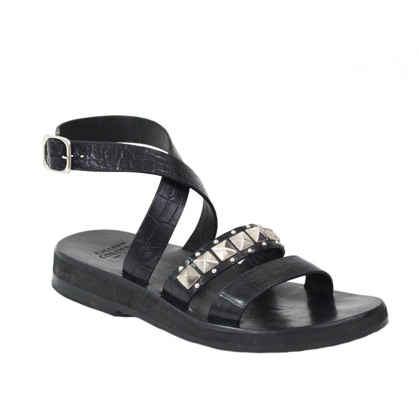 calleen cordero Ozzy Wedge Sandal Black Embossed Croc w/ Nickel Art