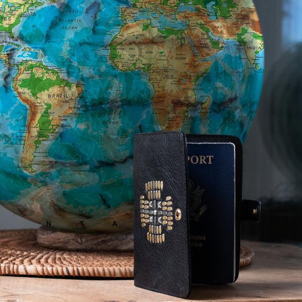 Calleen Cordero Passport Holder/Wallet Black Belmont W/ Brass & Nickel Art