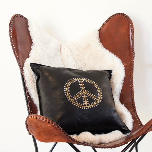 Calleen Cordero Peace Pillow (Includes Pillow Insert) 20" X 20" Black Leather W/ Nickel & Brass
