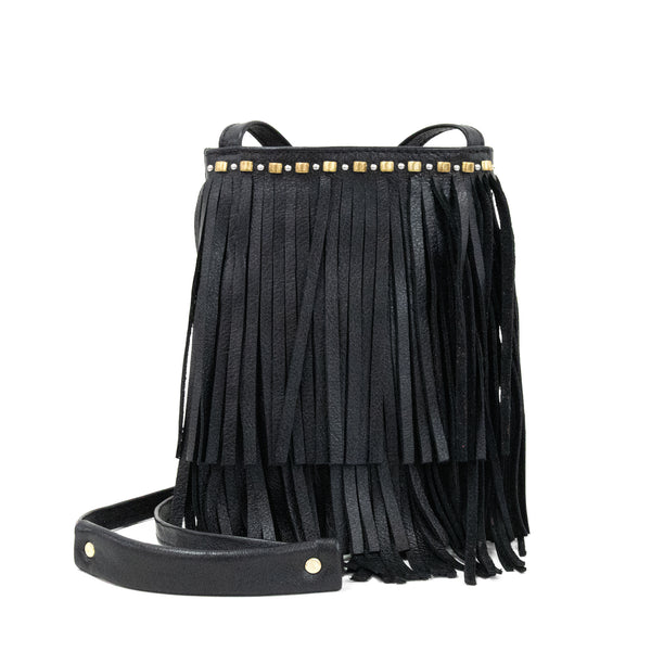Calleen Cordero Pom Pom Fringe Messenger Cognac Suede W/ Brass & Nickel