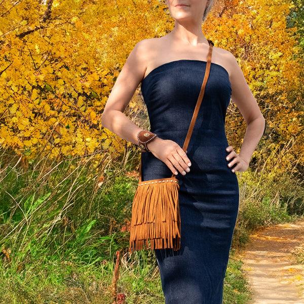 Calleen Cordero Pom Pom Fringe Messenger Cognac Suede W/ Brass & Nickel