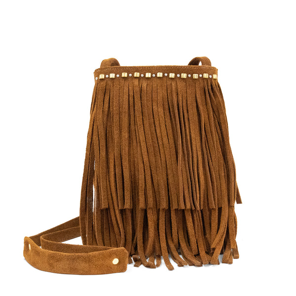 calleen cordero Pom Pom Fringe Messenger Cognac Suede w/ Brass & Nickel