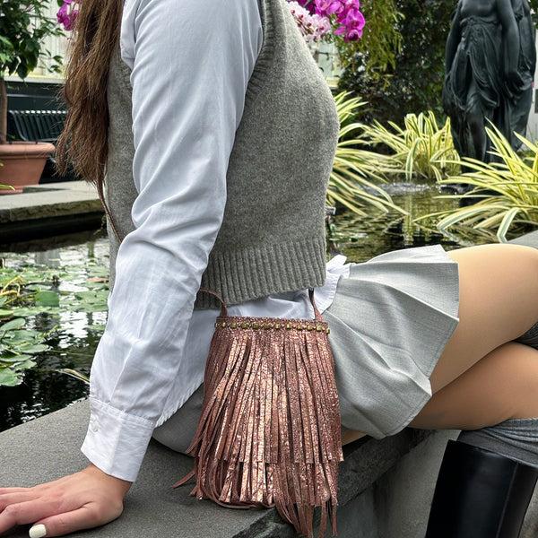 Calleen Cordero Pom Pom Fringe Messenger Rose Gold Hudson W/ Brass & Nickel Art