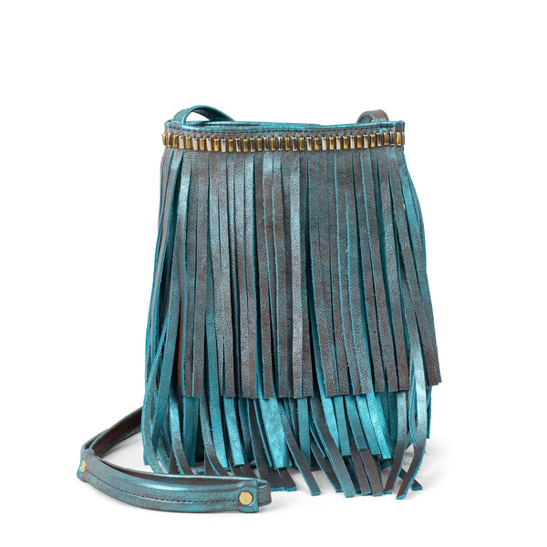 Calleen Cordero Pom Pom NN Fringe Messenger Aqua Rust W/ Brass & Nickel Art