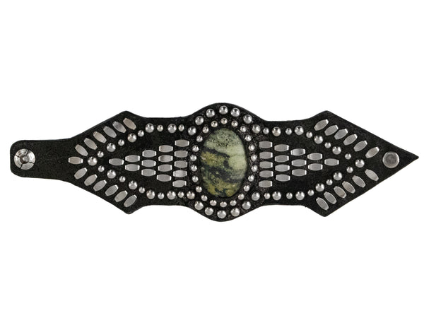Calleen Cordero Reina Semi-precious Epidote Stone Bracelet Black Verde Leather W/ Nickel Art