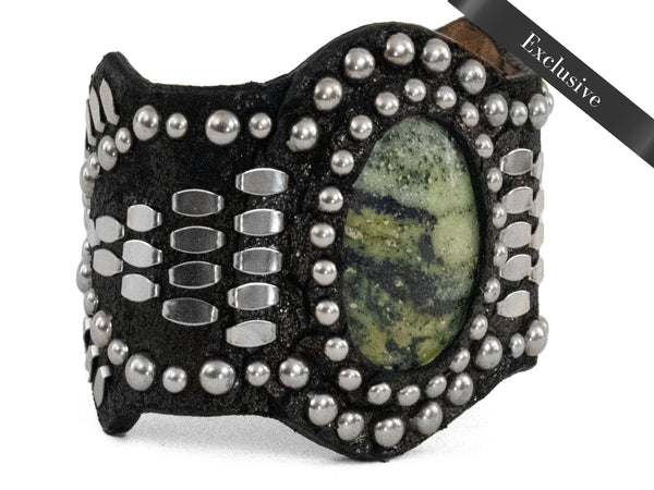 calleen cordero Reina Semi-precious Epidote Stone Bracelet Black Verde Leather w/ Nickel Art