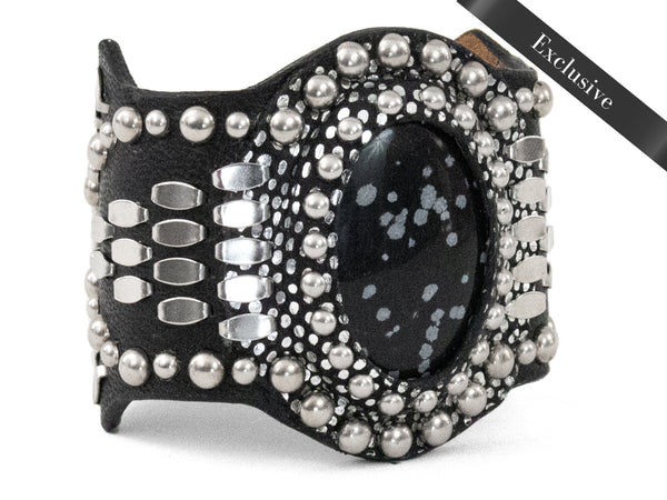 calleen cordero Reina Semi-precious Snowflake Obsidian Stone Bracelet Black Leather w/ Nickel Art