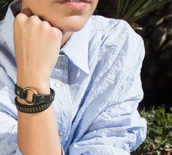 Calleen Cordero Rina Nita .5" Double Wrap Bracelet Black Aniline W/ Brass Art