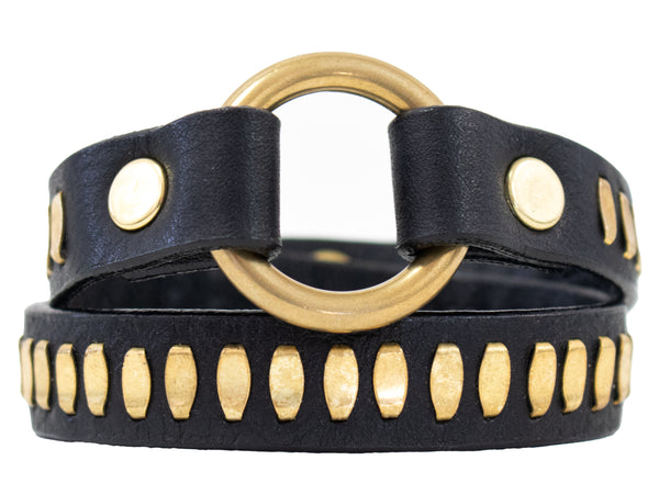 calleen cordero Rina Nita .5" Double Wrap Bracelet Black Aniline w/ Brass Art