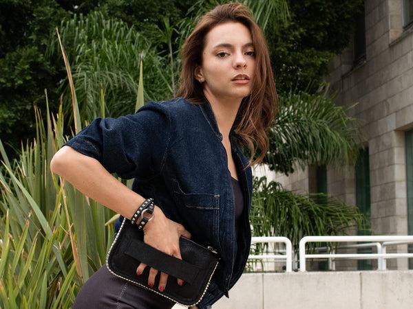 Calleen Cordero Rina P .5" Double Wrap Bracelet Black Leather W/ Nickel Art