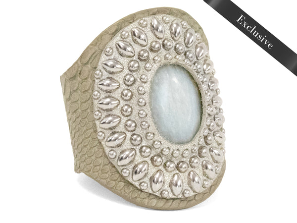 calleen cordero Rocal Semi-precious Aventurine Green Stone Cuff Linen Snake Leather w/ Nickel art