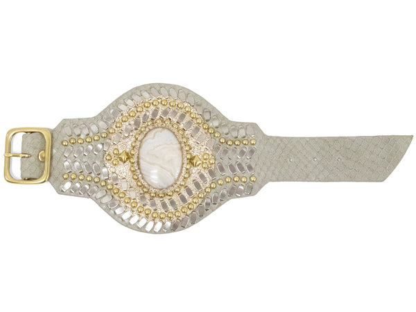 Calleen Cordero Rocal Semi-precious Crazy Lace Stone Cuff Linen Lizard W/ Brass & Nickel Art