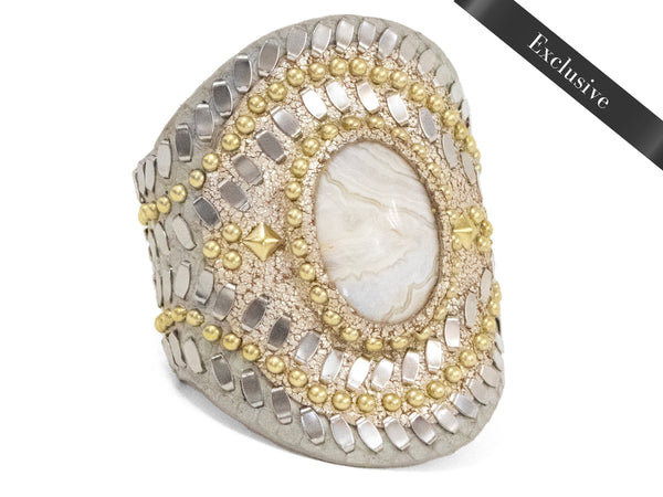 calleen cordero Rocal Semi-precious Crazy Lace Stone Cuff Linen Lizard w/ Brass & Nickel Art