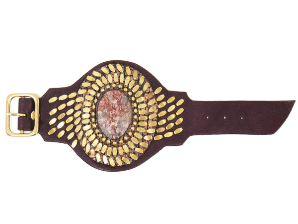 Calleen Cordero Rocal Semi-precious Epidote Stone Cuff Burgundy Nappa W/ Brass Art