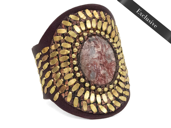 calleen cordero Rocal Semi-precious Epidote Stone Cuff Burgundy Nappa w/ Brass Art