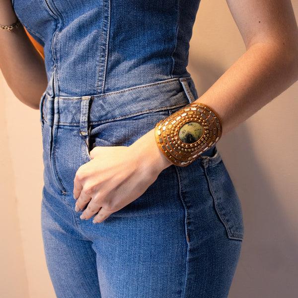 Calleen Cordero Rocal Semi-precious Epidote Stone Cuff Metallic Orange W/ Brass & Nickel Art