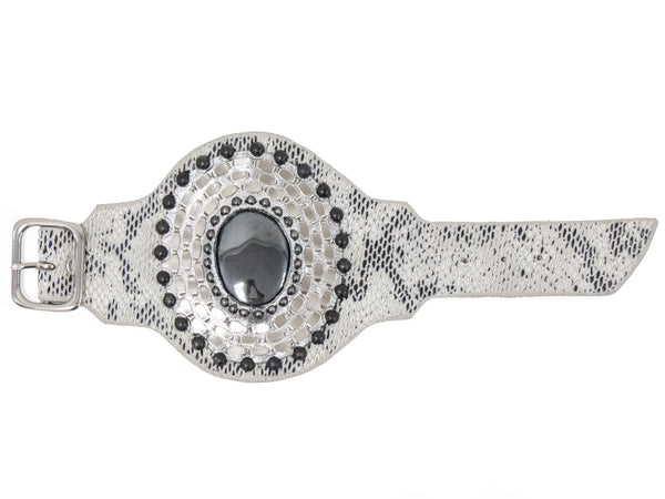 Calleen Cordero Rocal Semi-precious Hematite Stone Cuff Albino Snake Print W/ Nickel & Black Art