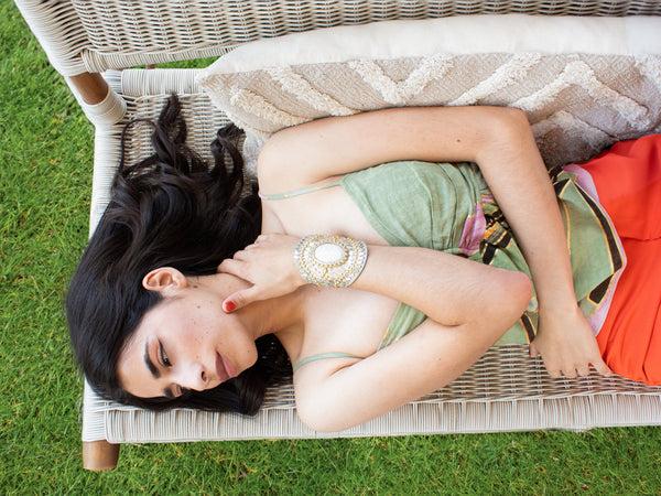 Calleen Cordero Rocal Semi-precious Jade Stone Cuff White El Paso W/ Brass & Nickel Art