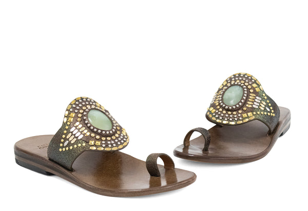 Calleen Cordero Rocal Semi-precious Jade Stone Sandal Bronze Pearl Cracked / Nickel & Brass Art