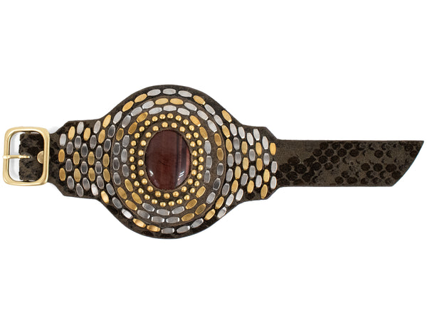 Calleen Cordero Rocal Semi-precious Red Jasper Stone Cuff Dark Green Snake W/ Brass & Nickel Art