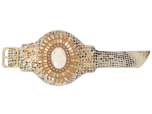 Calleen Cordero Rocal Semi-precious Riverstone Cuff Beige Multi Snake Tan Leather W/ Brass & Copper Art