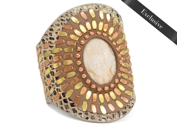 calleen cordero Rocal Semi-precious Riverstone Cuff Beige Multi Snake Tan Leather w/ Brass & Copper Art