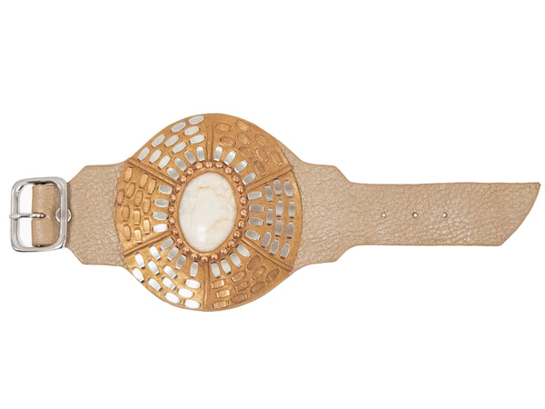 Calleen Cordero Rocal Semi-precious Riverstone Cuff Champagne Leather W/ Nickel & Copper Art